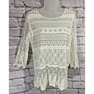 CHICOS 1 M Ivory Lace Embroidered Crochet Mixed Top Sheer Romantic Boho Feminine